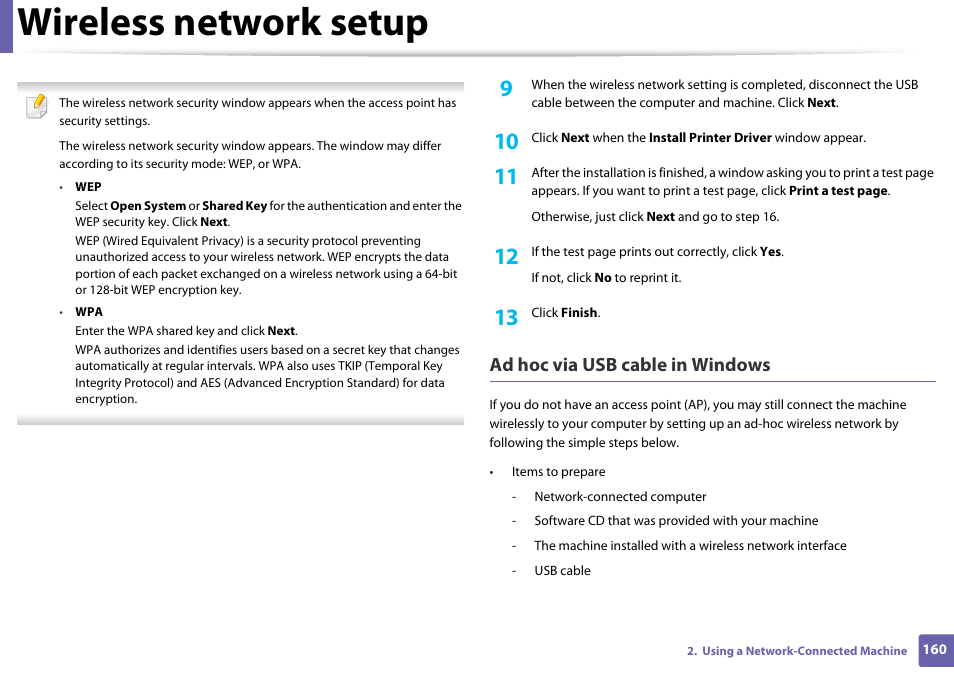 Wireless network setup, Ad hoc via usb cable in windows | Dell B1165nfw Multifunction Mono Laser Printer User Manual | Page 160 / 300