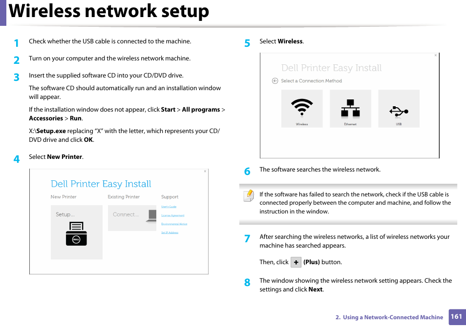Wireless network setup | Dell B1165nfw Multifunction Mono Laser Printer User Manual | Page 161 / 300