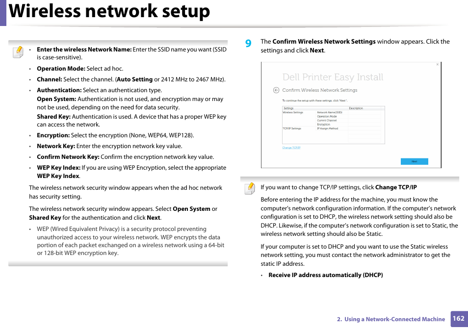 Wireless network setup | Dell B1165nfw Multifunction Mono Laser Printer User Manual | Page 162 / 300