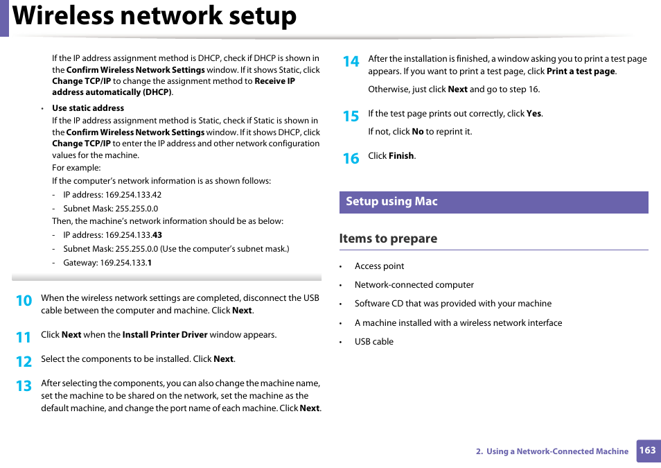 Wireless network setup, Items to prepare, Setup using mac | Dell B1165nfw Multifunction Mono Laser Printer User Manual | Page 163 / 300