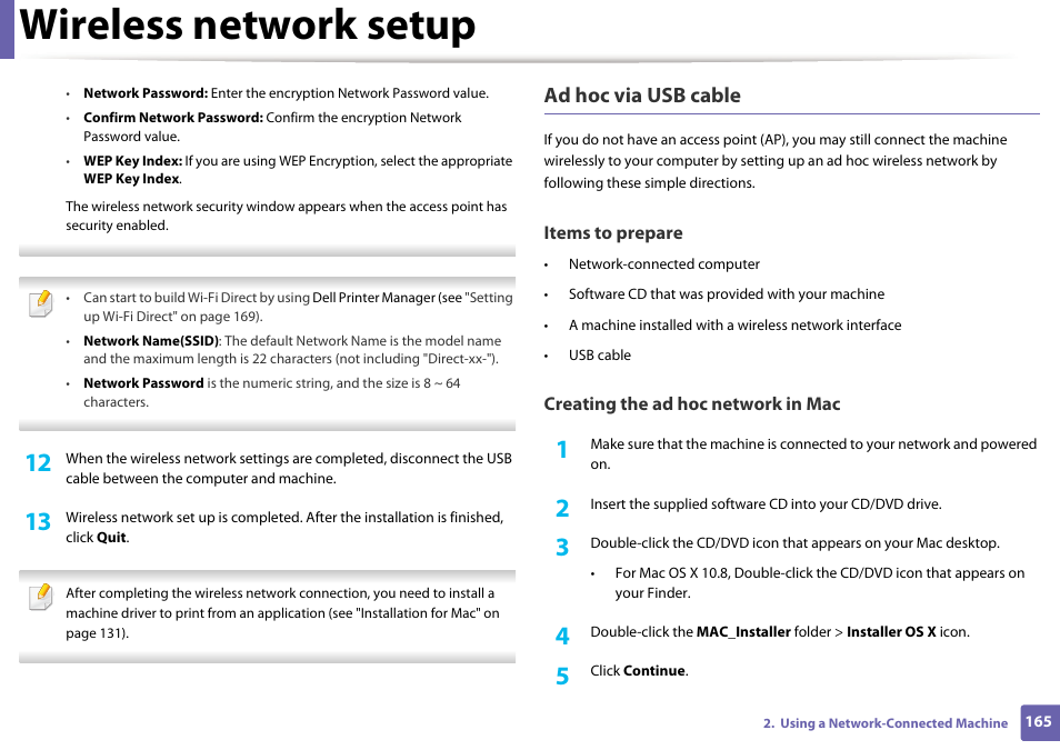 Wireless network setup, Ad hoc via usb cable | Dell B1165nfw Multifunction Mono Laser Printer User Manual | Page 165 / 300