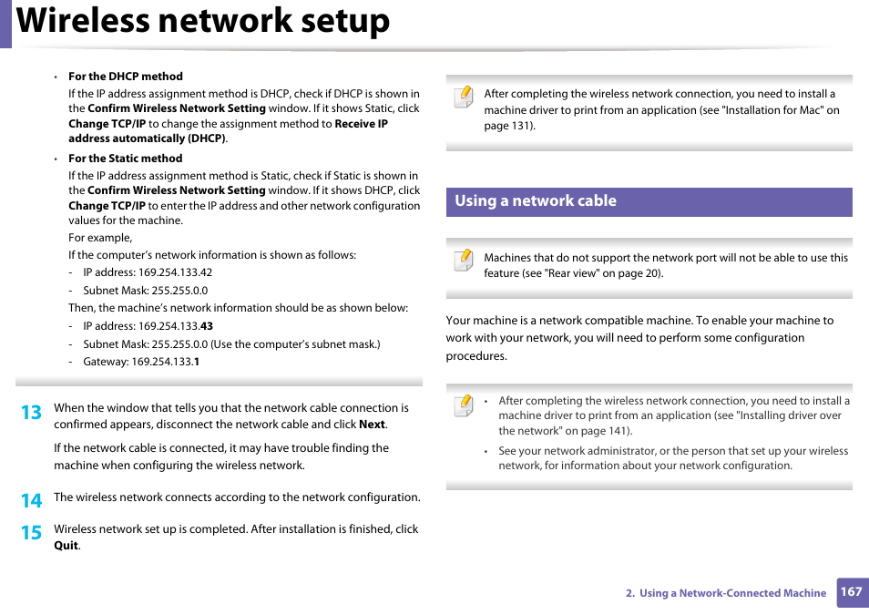 Wireless network setup, Using a network cable | Dell B1165nfw Multifunction Mono Laser Printer User Manual | Page 167 / 300