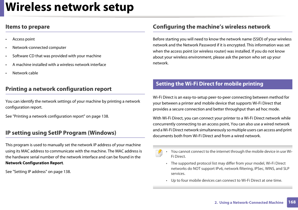 Wireless network setup, Items to prepare, Printing a network configuration report | Ip setting using setip program (windows), Configuring the machine’s wireless network, Setting the wi-fi direct for mobile printing | Dell B1165nfw Multifunction Mono Laser Printer User Manual | Page 168 / 300