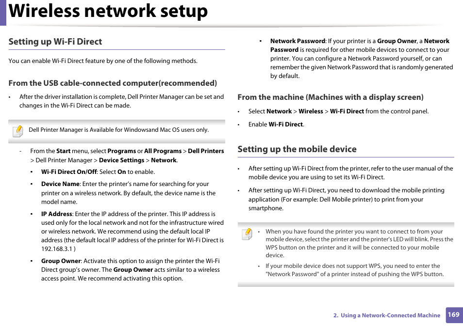 Dell printer manager (see, Setting, Wireless network setup | Setting up wi-fi direct, Setting up the mobile device | Dell B1165nfw Multifunction Mono Laser Printer User Manual | Page 169 / 300
