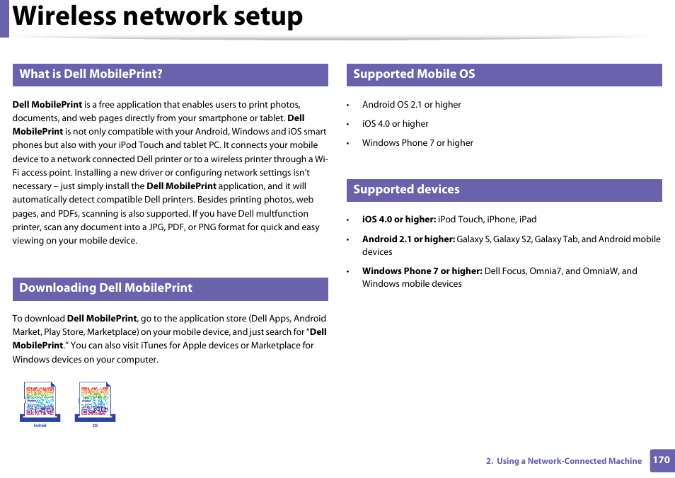 Wireless network setup, What is dell mobileprint, Downloading dell mobileprint | Supported mobile os, Supported devices | Dell B1165nfw Multifunction Mono Laser Printer User Manual | Page 170 / 300