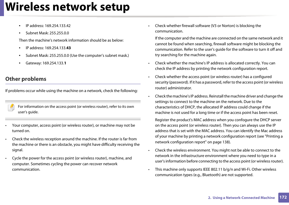 Wireless network setup, Other problems | Dell B1165nfw Multifunction Mono Laser Printer User Manual | Page 172 / 300