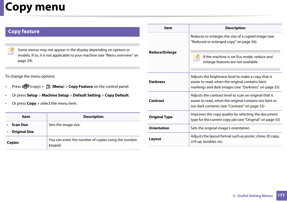 Copy menu, Copy feature | Dell B1165nfw Multifunction Mono Laser Printer User Manual | Page 177 / 300