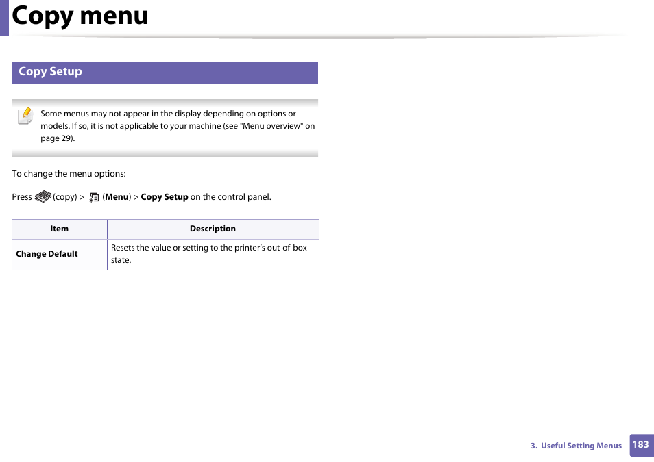 Copy menu, Copy setup | Dell B1165nfw Multifunction Mono Laser Printer User Manual | Page 183 / 300