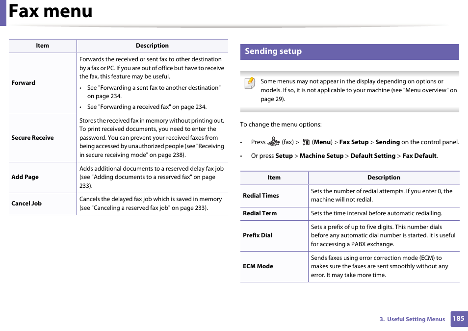 Fax menu, Sending setup | Dell B1165nfw Multifunction Mono Laser Printer User Manual | Page 185 / 300