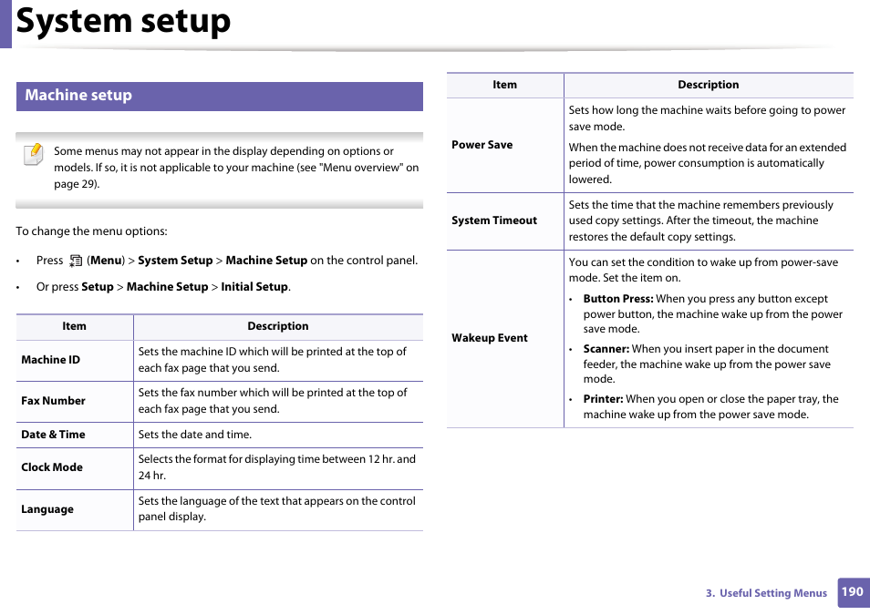 System setup, Machine setup | Dell B1165nfw Multifunction Mono Laser Printer User Manual | Page 190 / 300