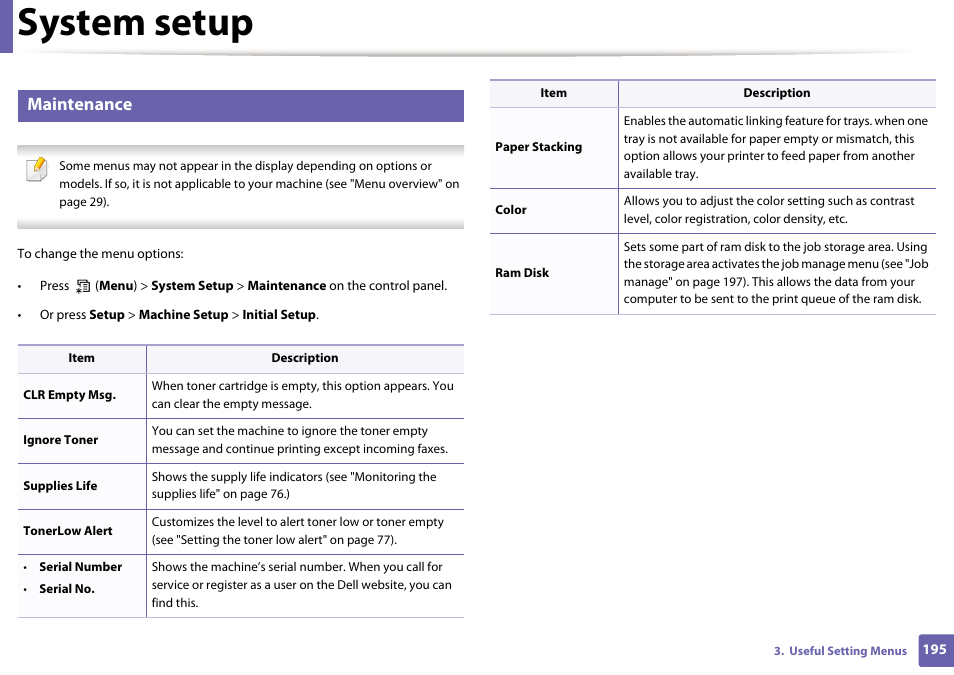 System setup, Maintenance | Dell B1165nfw Multifunction Mono Laser Printer User Manual | Page 195 / 300