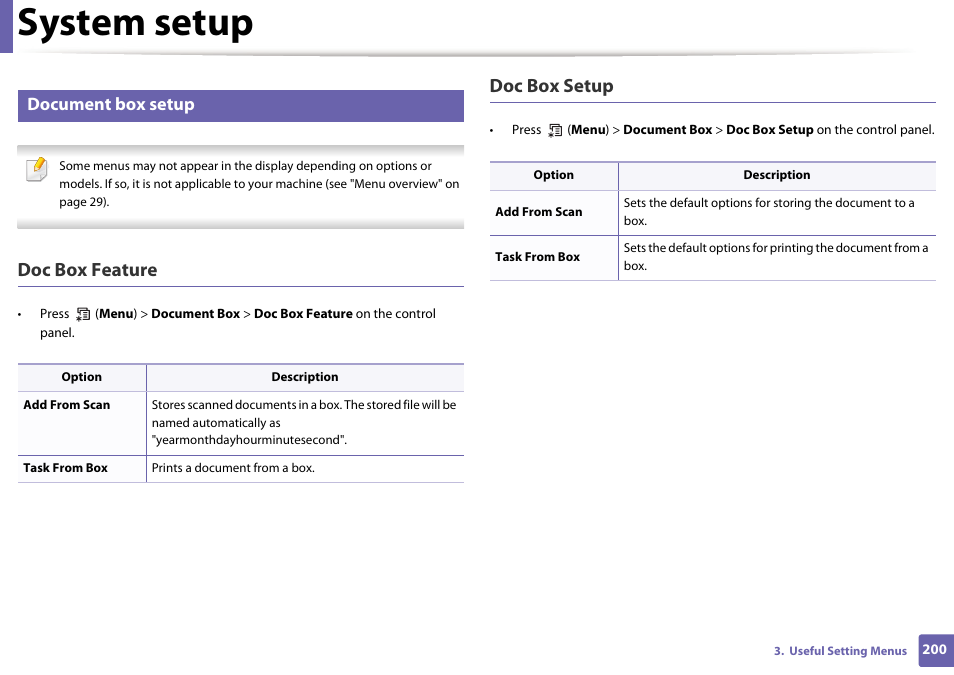 System setup, Doc box feature, Doc box setup | Document box setup | Dell B1165nfw Multifunction Mono Laser Printer User Manual | Page 200 / 300