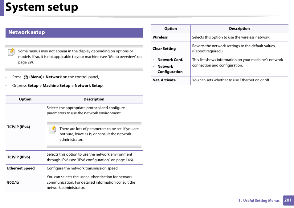System setup, Network setup | Dell B1165nfw Multifunction Mono Laser Printer User Manual | Page 201 / 300