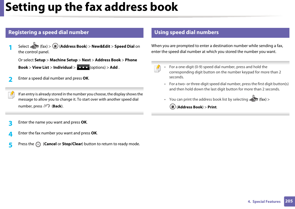 Setting up the fax address book, Registering a speed dial number, Using speed dial numbers | Dell B1165nfw Multifunction Mono Laser Printer User Manual | Page 205 / 300