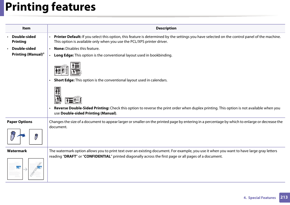 Printing features | Dell B1165nfw Multifunction Mono Laser Printer User Manual | Page 213 / 300