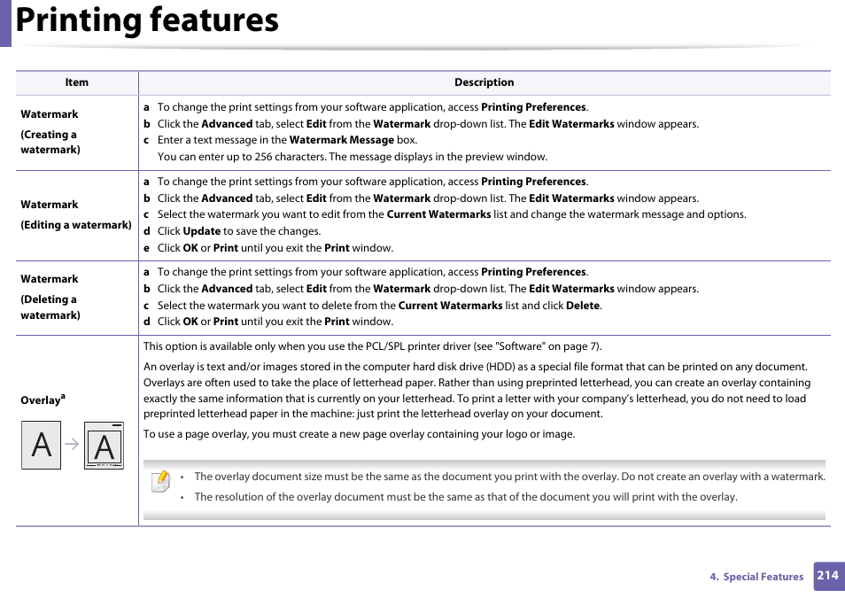 Printing features | Dell B1165nfw Multifunction Mono Laser Printer User Manual | Page 214 / 300