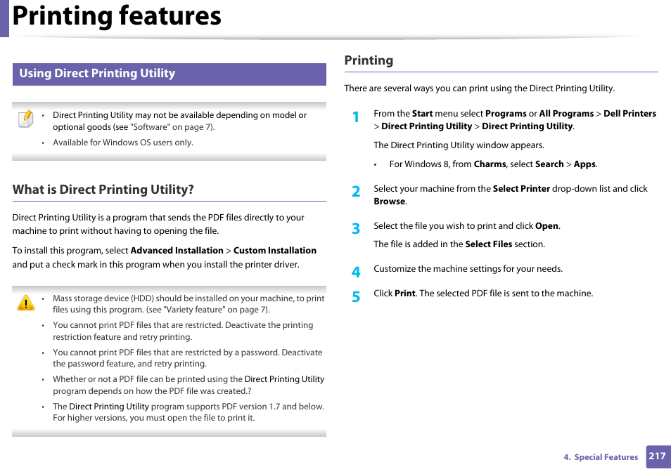 Printing features, What is direct printing utility, Printing | Using direct printing utility | Dell B1165nfw Multifunction Mono Laser Printer User Manual | Page 217 / 300