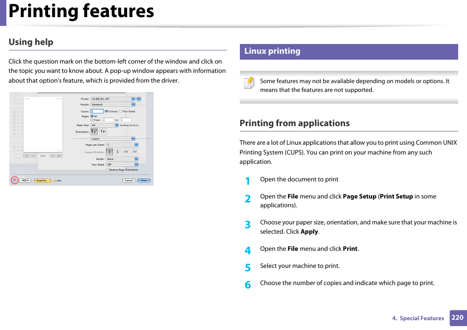 Printing features, Using help, Printing from applications | Dell B1165nfw Multifunction Mono Laser Printer User Manual | Page 220 / 300