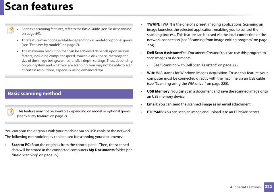 Scan features, Basic scanning method | Dell B1165nfw Multifunction Mono Laser Printer User Manual | Page 222 / 300