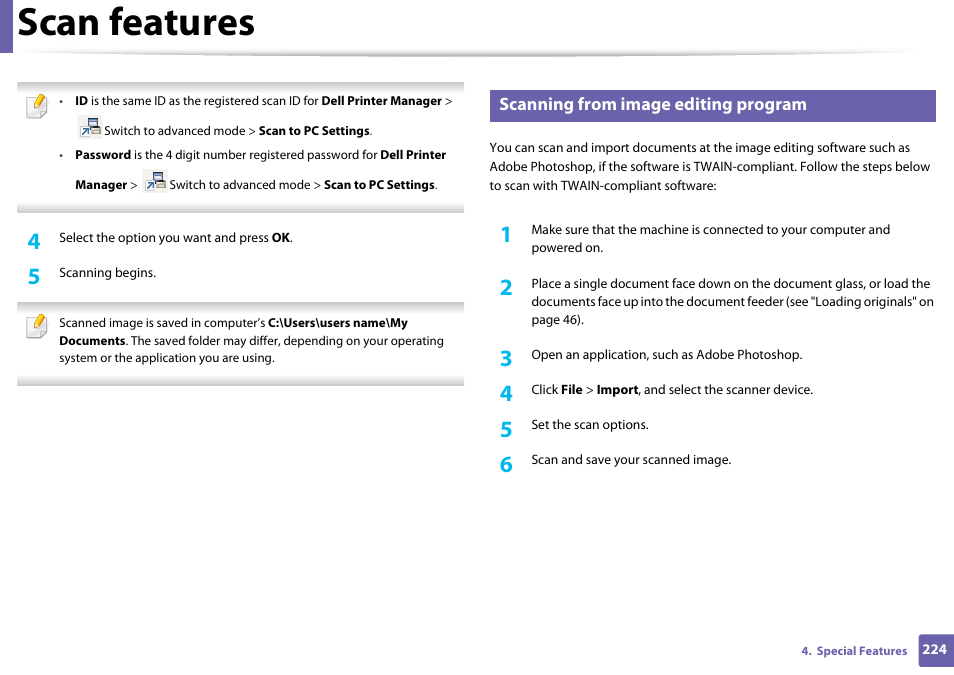 Scan features, Scanning from image editing program | Dell B1165nfw Multifunction Mono Laser Printer User Manual | Page 224 / 300