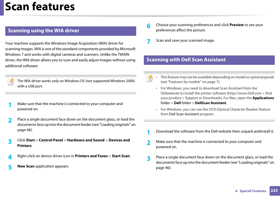 Scan features, Scanning using the wia driver, Scanning with dell scan assistant | Dell B1165nfw Multifunction Mono Laser Printer User Manual | Page 225 / 300