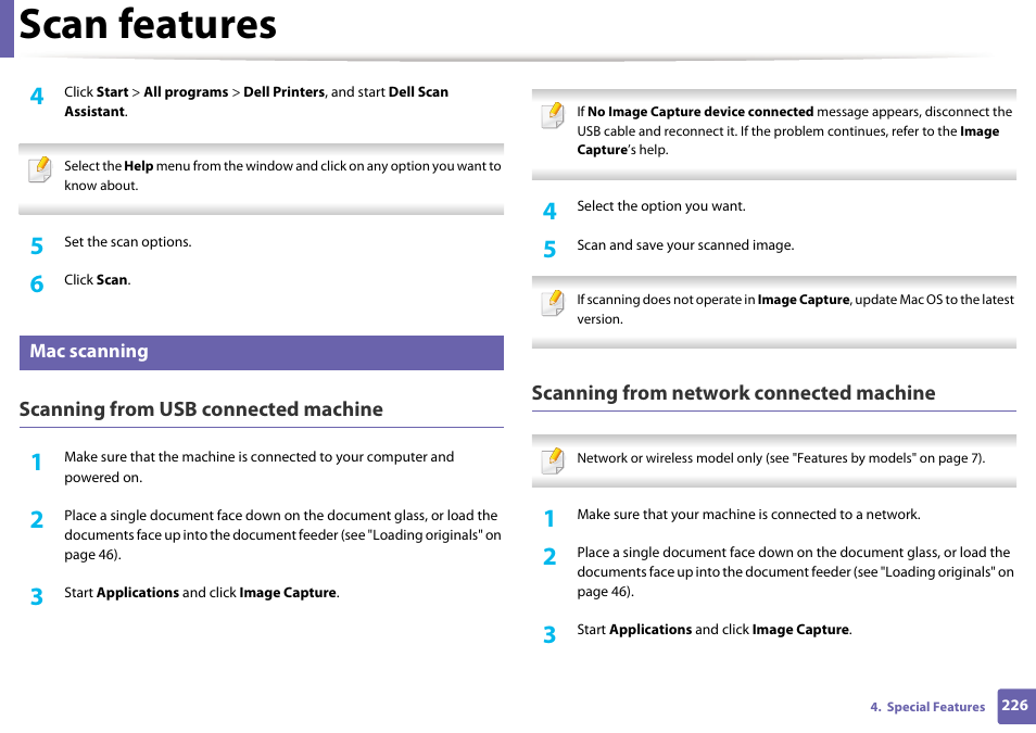 Scan features, Scanning from usb connected machine, Scanning from network connected machine | Mac scanning | Dell B1165nfw Multifunction Mono Laser Printer User Manual | Page 226 / 300