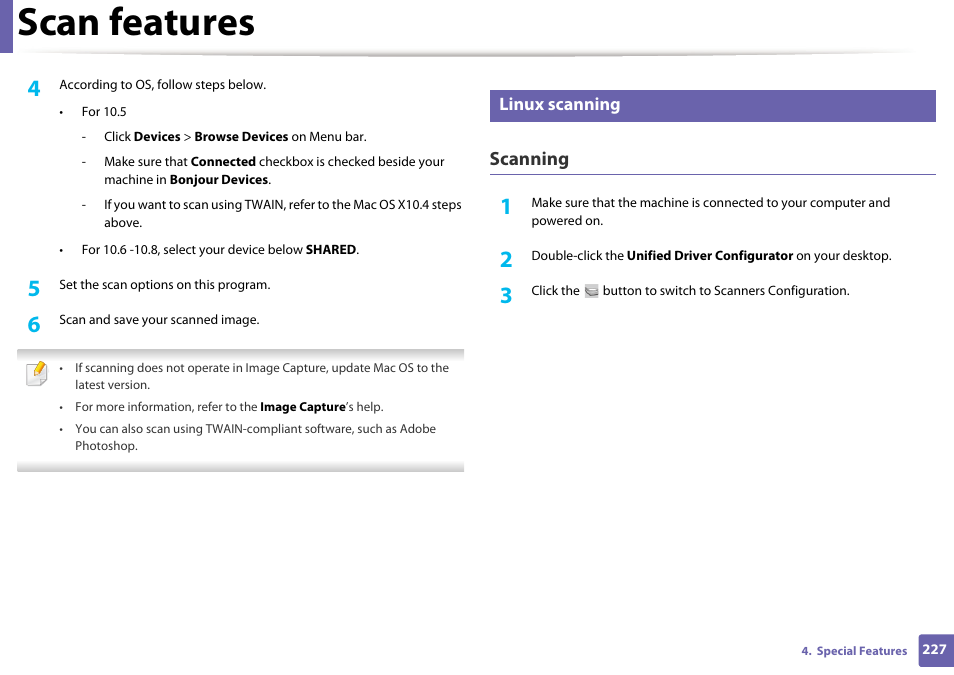 Scan features, Scanning, Linux scanning | Dell B1165nfw Multifunction Mono Laser Printer User Manual | Page 227 / 300