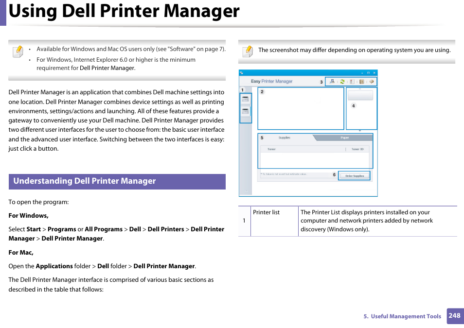 Using dell printer manager, Understanding dell printer manager | Dell B1165nfw Multifunction Mono Laser Printer User Manual | Page 248 / 300