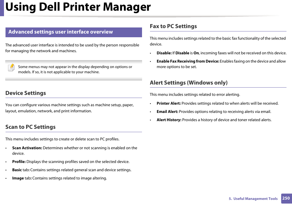 Using dell printer manager, Device settings, Scan to pc settings | Fax to pc settings, Alert settings (windows only), Advanced settings user interface overview | Dell B1165nfw Multifunction Mono Laser Printer User Manual | Page 250 / 300