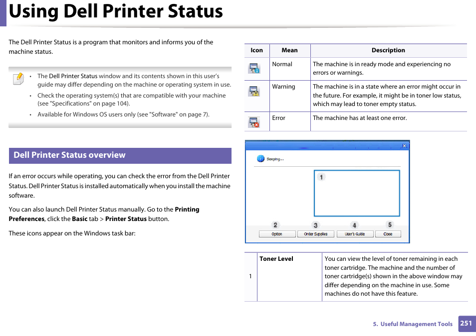 Using dell printer status, Using dell printer status" on, Gram window (see | Dell printer status overview | Dell B1165nfw Multifunction Mono Laser Printer User Manual | Page 251 / 300