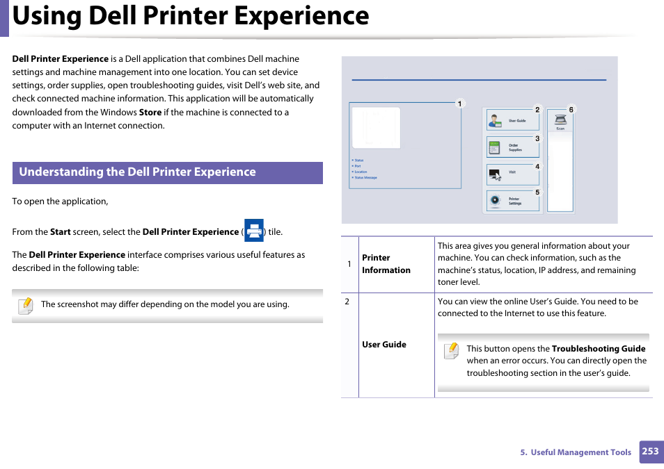 Using dell printer experience, Understanding the dell printer experience | Dell B1165nfw Multifunction Mono Laser Printer User Manual | Page 253 / 300