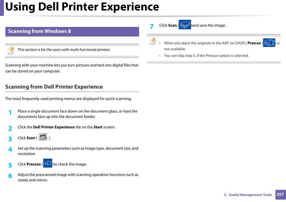Using dell printer experience, Scanning from dell printer experience, Scanning from windows 8 | Dell B1165nfw Multifunction Mono Laser Printer User Manual | Page 257 / 300