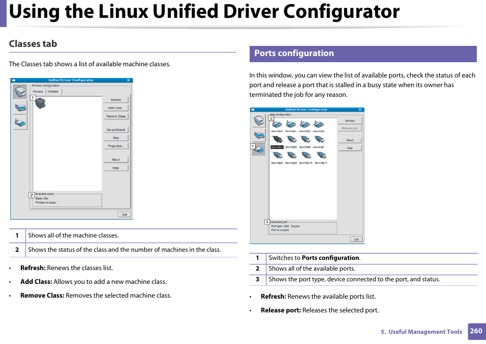 Using the linux unified driver configurator, Classes tab, Ports configuration | Dell B1165nfw Multifunction Mono Laser Printer User Manual | Page 260 / 300