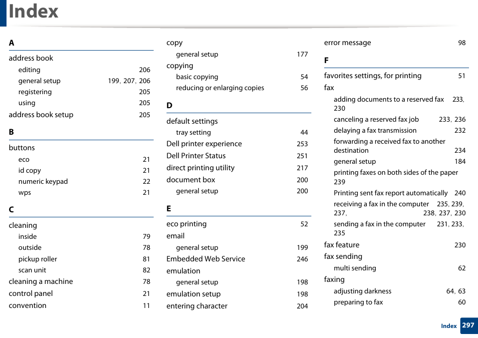 Index | Dell B1165nfw Multifunction Mono Laser Printer User Manual | Page 297 / 300