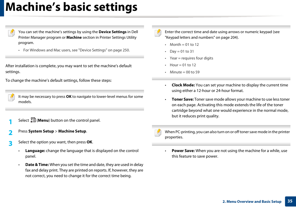 Machine’s basic settings | Dell B1165nfw Multifunction Mono Laser Printer User Manual | Page 35 / 300