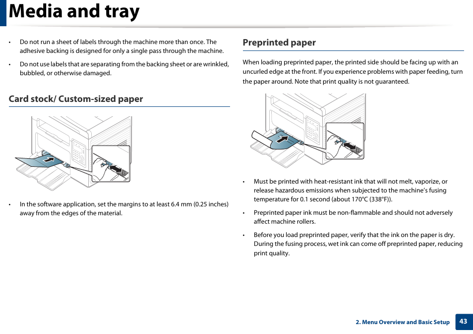 Media and tray, Card stock/ custom-sized paper, Preprinted paper | Dell B1165nfw Multifunction Mono Laser Printer User Manual | Page 43 / 300