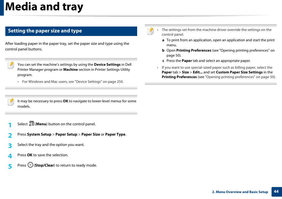 Media and tray, Setting the paper size and type | Dell B1165nfw Multifunction Mono Laser Printer User Manual | Page 44 / 300