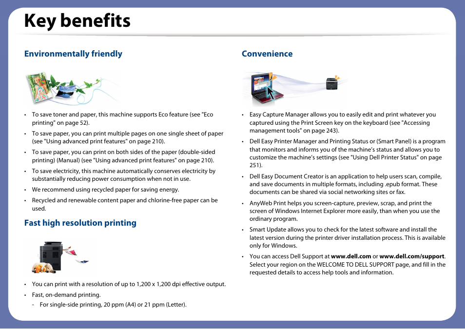 Key benefits, Environmentally friendly, Fast high resolution printing | Convenience | Dell B1165nfw Multifunction Mono Laser Printer User Manual | Page 5 / 300