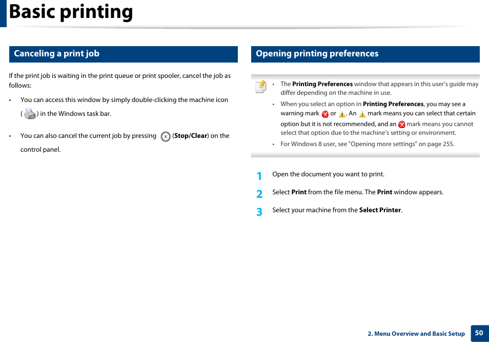 See "opening printing preferences" on, Basic printing, Canceling a print job | Opening printing preferences | Dell B1165nfw Multifunction Mono Laser Printer User Manual | Page 50 / 300