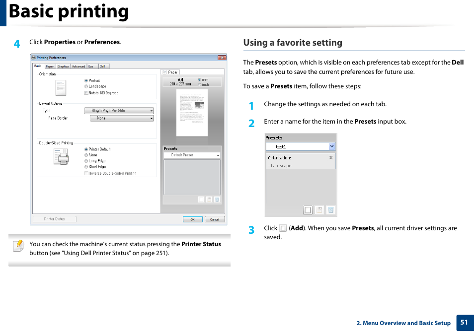 Basic printing, Using a favorite setting | Dell B1165nfw Multifunction Mono Laser Printer User Manual | Page 51 / 300