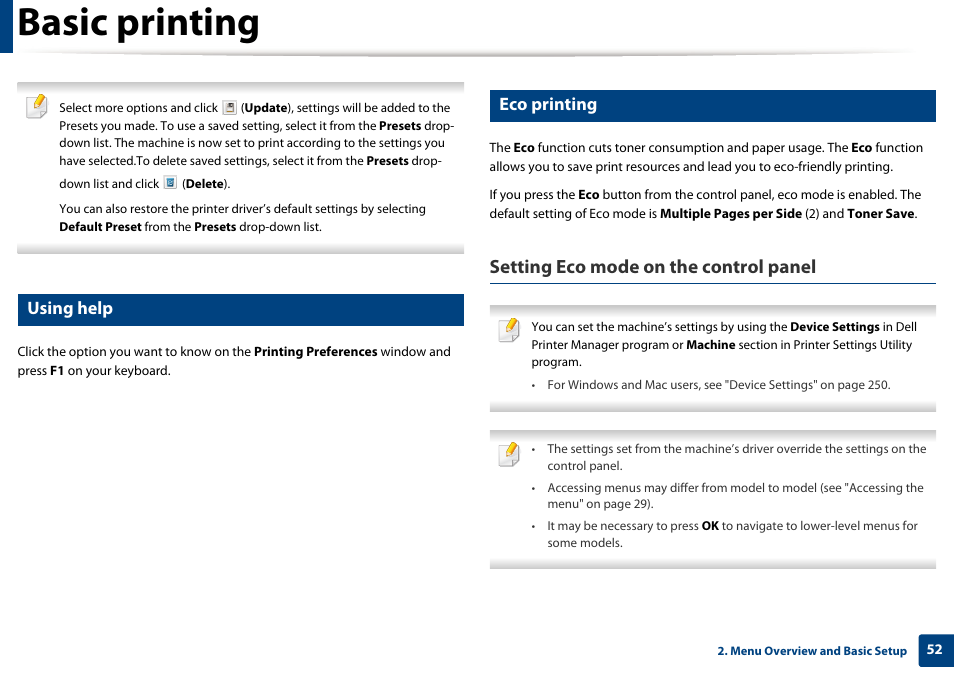 Basic printing, Setting eco mode on the control panel, Using help | Eco printing | Dell B1165nfw Multifunction Mono Laser Printer User Manual | Page 52 / 300