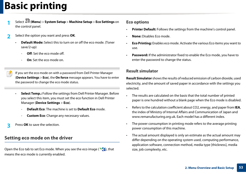 Basic printing, Setting eco mode on the driver | Dell B1165nfw Multifunction Mono Laser Printer User Manual | Page 53 / 300