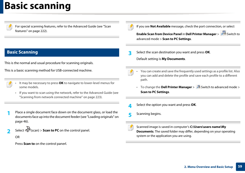 Basic scanning | Dell B1165nfw Multifunction Mono Laser Printer User Manual | Page 59 / 300