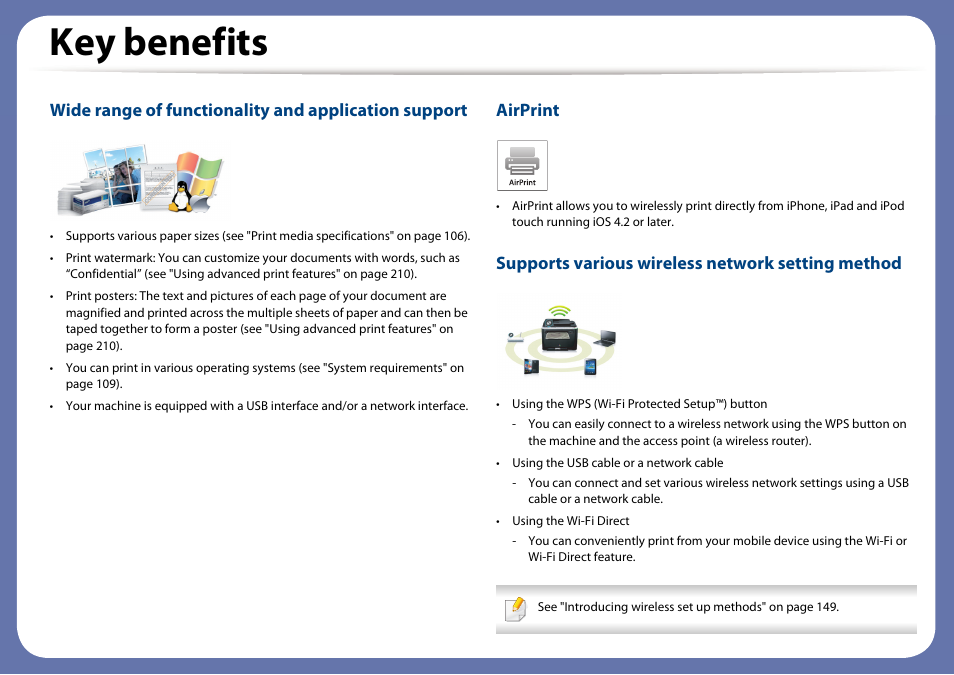Key benefits, Airprint, Supports various wireless network setting method | Dell B1165nfw Multifunction Mono Laser Printer User Manual | Page 6 / 300