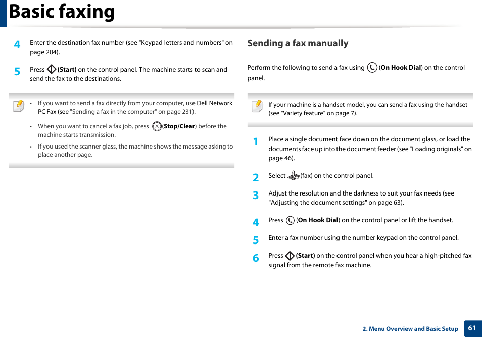 Basic faxing, Sending a fax manually | Dell B1165nfw Multifunction Mono Laser Printer User Manual | Page 61 / 300