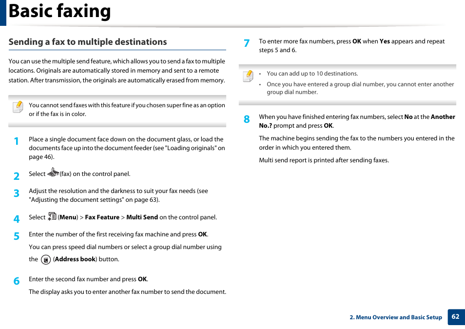 Basic faxing, Sending a fax to multiple destinations | Dell B1165nfw Multifunction Mono Laser Printer User Manual | Page 62 / 300
