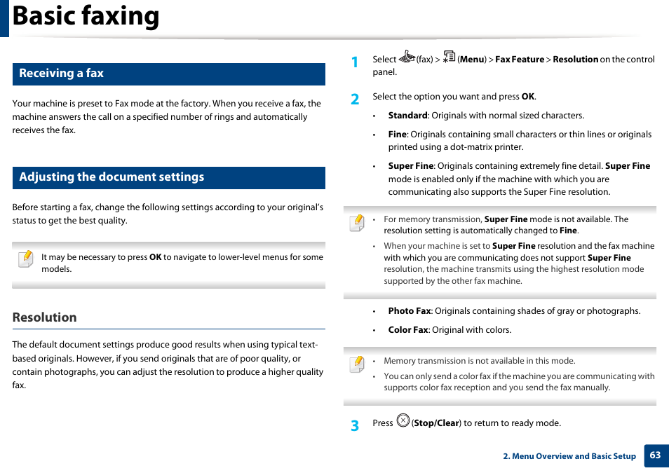 Basic faxing, Resolution, Receiving a fax | Adjusting the document settings | Dell B1165nfw Multifunction Mono Laser Printer User Manual | Page 63 / 300