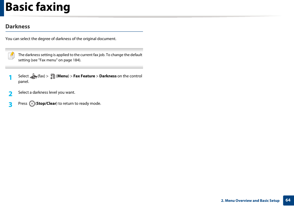 Basic faxing, Darkness | Dell B1165nfw Multifunction Mono Laser Printer User Manual | Page 64 / 300