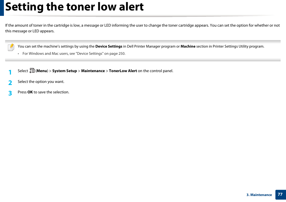 Setting the toner low alert | Dell B1165nfw Multifunction Mono Laser Printer User Manual | Page 77 / 300