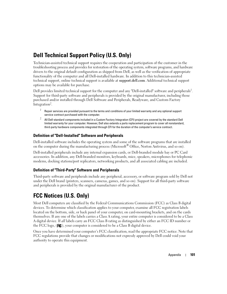 Dell technical support policy (u.s. only), Fcc notices (u.s. only), Contact dell. see "fcc notices | Dell Inspiron 6000 User Manual | Page 101 / 124